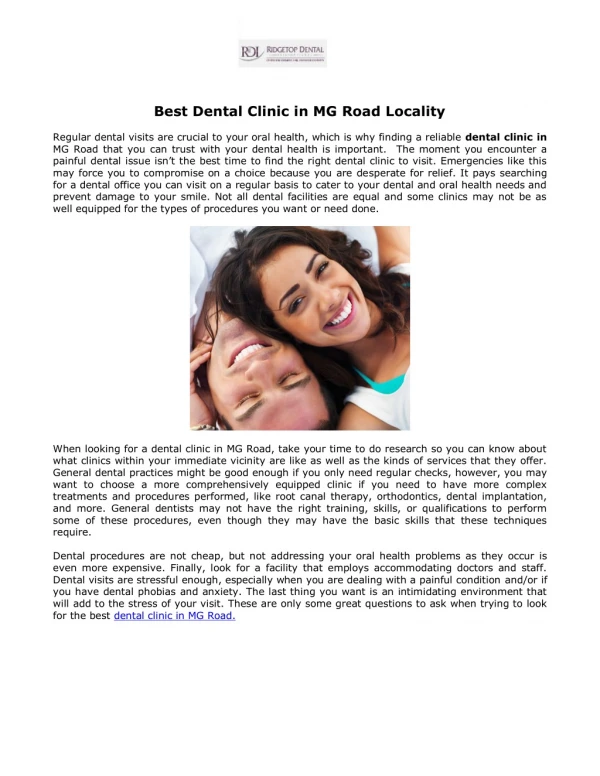 Best Dental Clinic in MG Road Locality