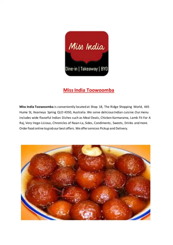 Miss India Toowoomba-Kearneys Spring - Order Food Online