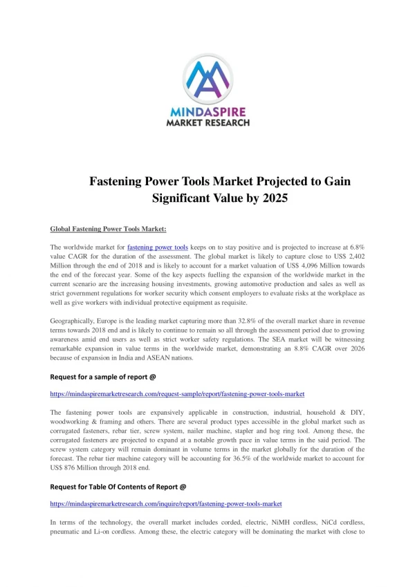 Fastening Power Tools Market Projected to Gain Significant Value by 2025