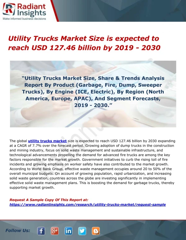 Utility Trucks Market Size is expected to reach USD 127.46 billion by 2019 - 2030