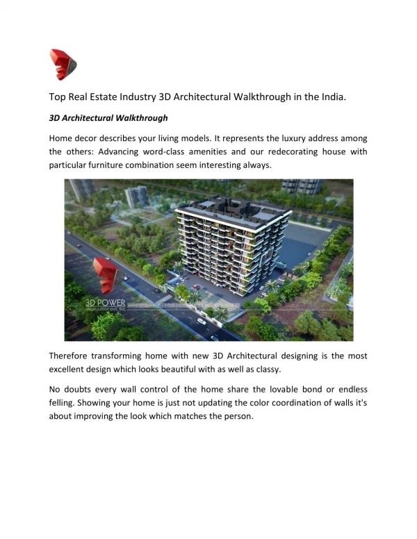 Top Real Estate Industry 3D Architectural Walkthrough in the India.