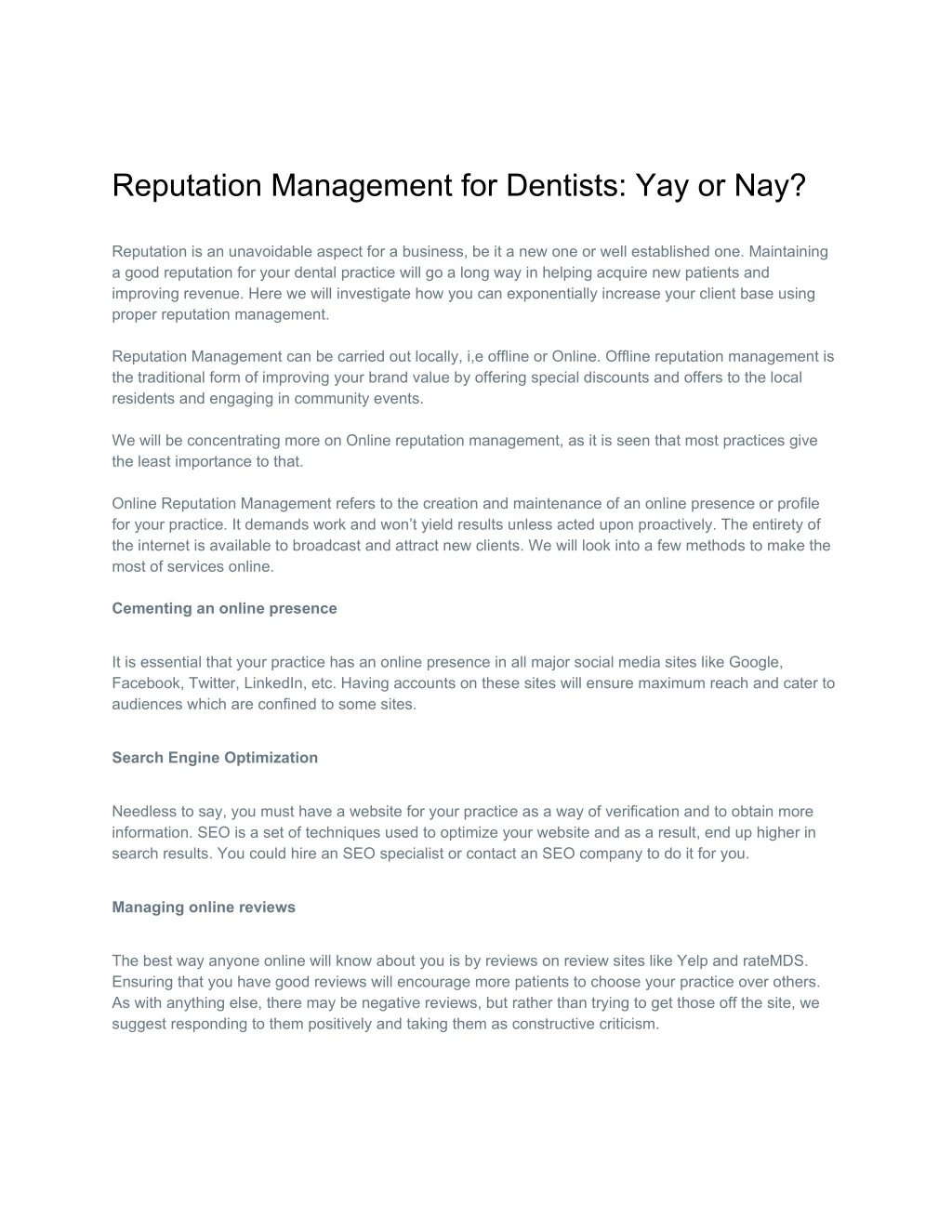 reputation management for dentists yay or nay