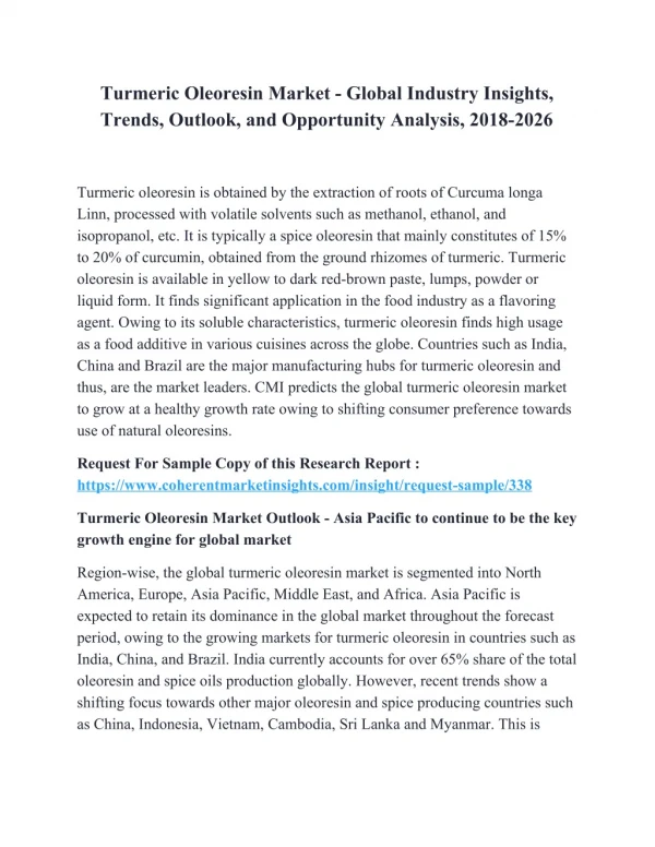 Turmeric Oleoresin Market - Global Industry Insights, Trends, Outlook, and Opportunity Analysis, 2018-2026