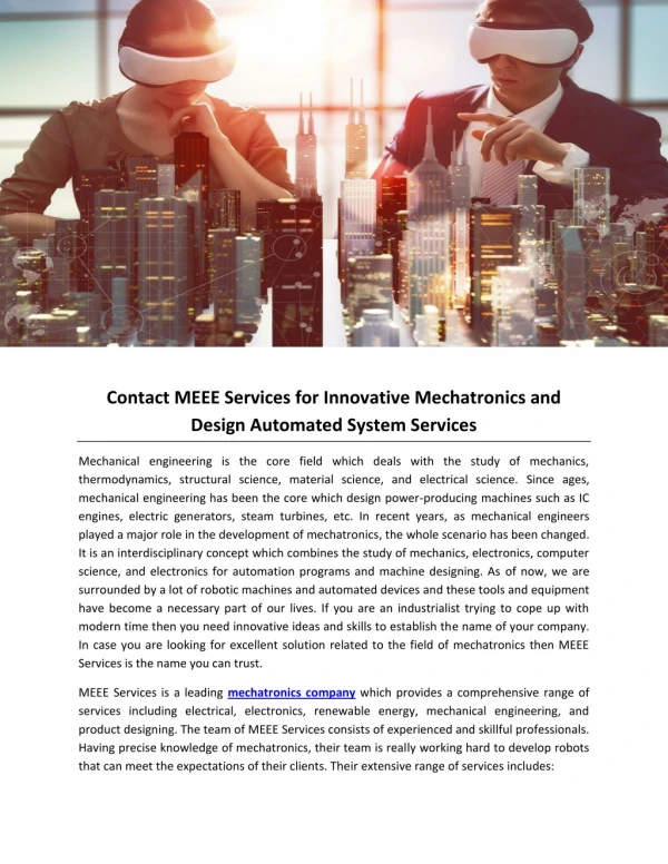 Contact MEEE Services for Innovative Mechatronics and Design Automated System Services