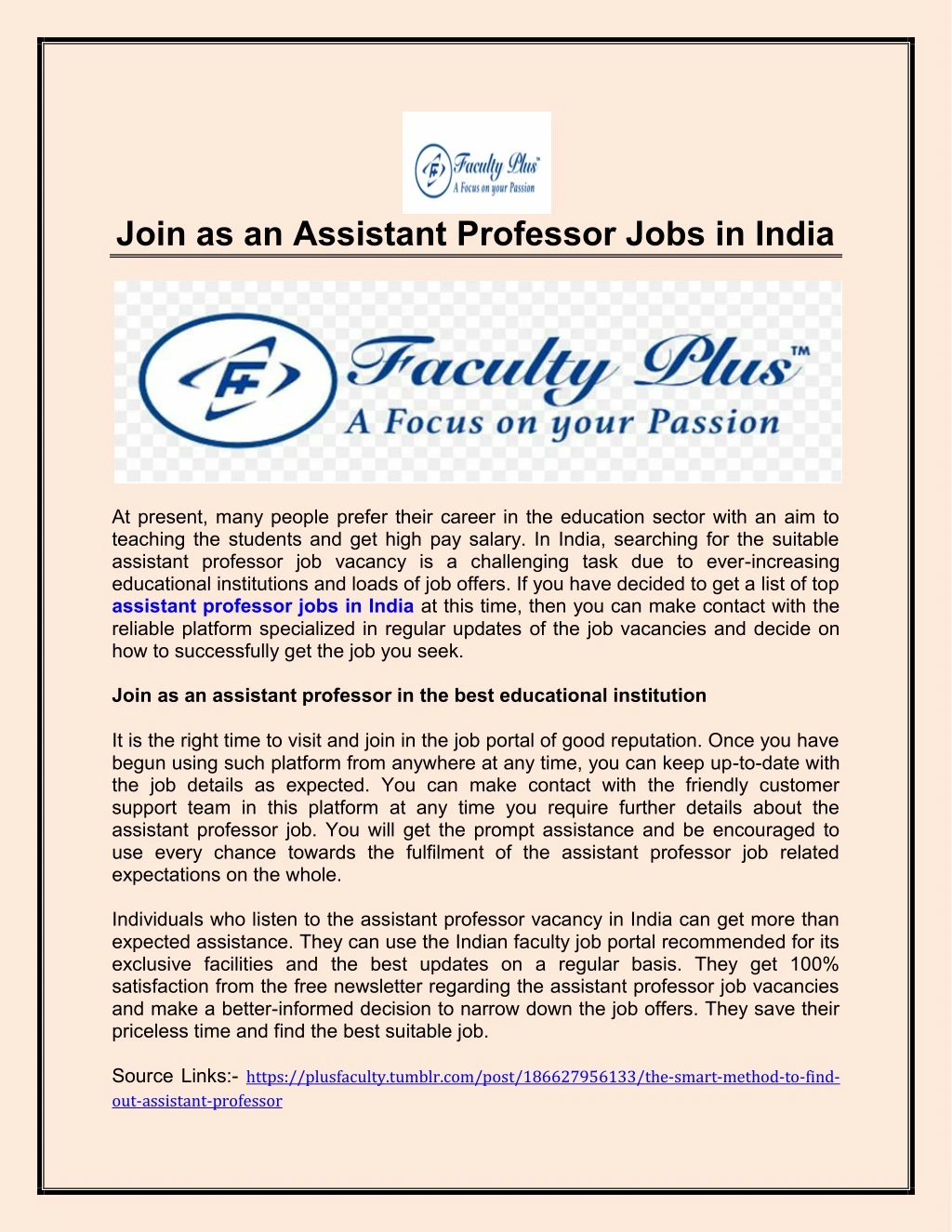 join as an assistant professor jobs in india