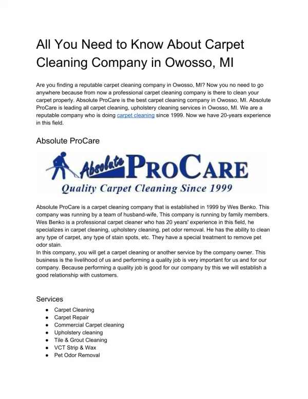 All You Need to Know About Carpet Cleaning Company in Owosso, MI