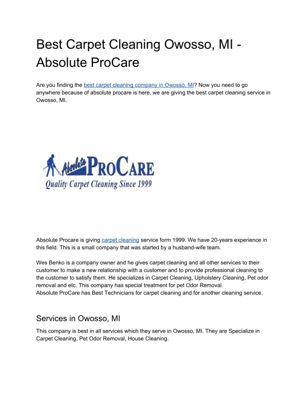 Best Carpet Cleaning Owosso, MI - Absolute ProCare