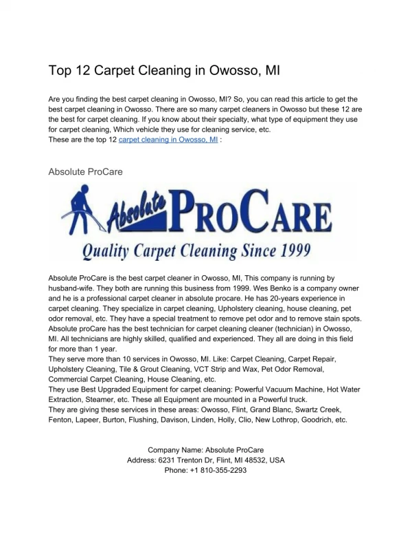 Top 12 Carpet Cleaning in Owosso MI