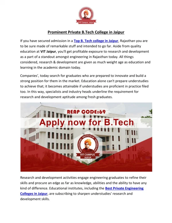 Prominent Private B.Tech College in Jaipur