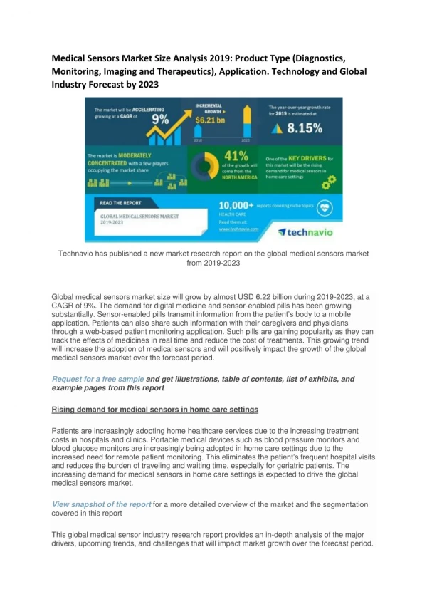 Medical Sensors Market Size Analysis 2019: Product Type (Diagnostics, Monitoring, Imaging and Therapeutics), Application