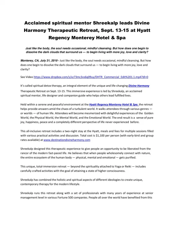 Acclaimed spiritual mentor Shreekalp leads Divine Harmony Therapeutic Retreat, Sept. 13-15