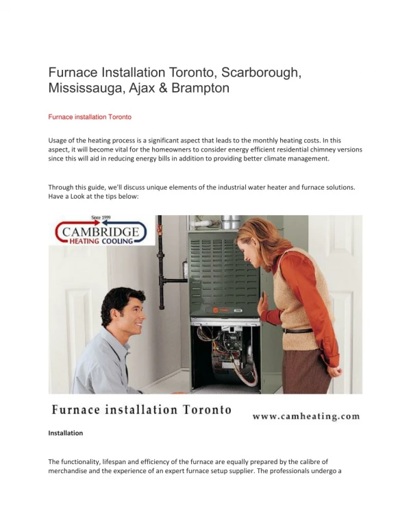 Furnace Installation Toronto, Scarborough, Mississauga, Ajax & Brampton