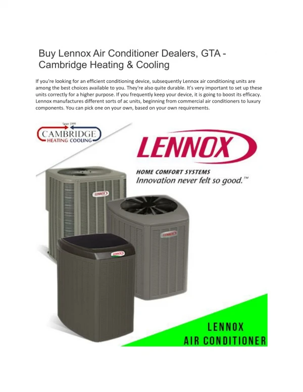 Buy Lennox Air Conditioner Toronto | GTA - Cambridge Heating & Cooling