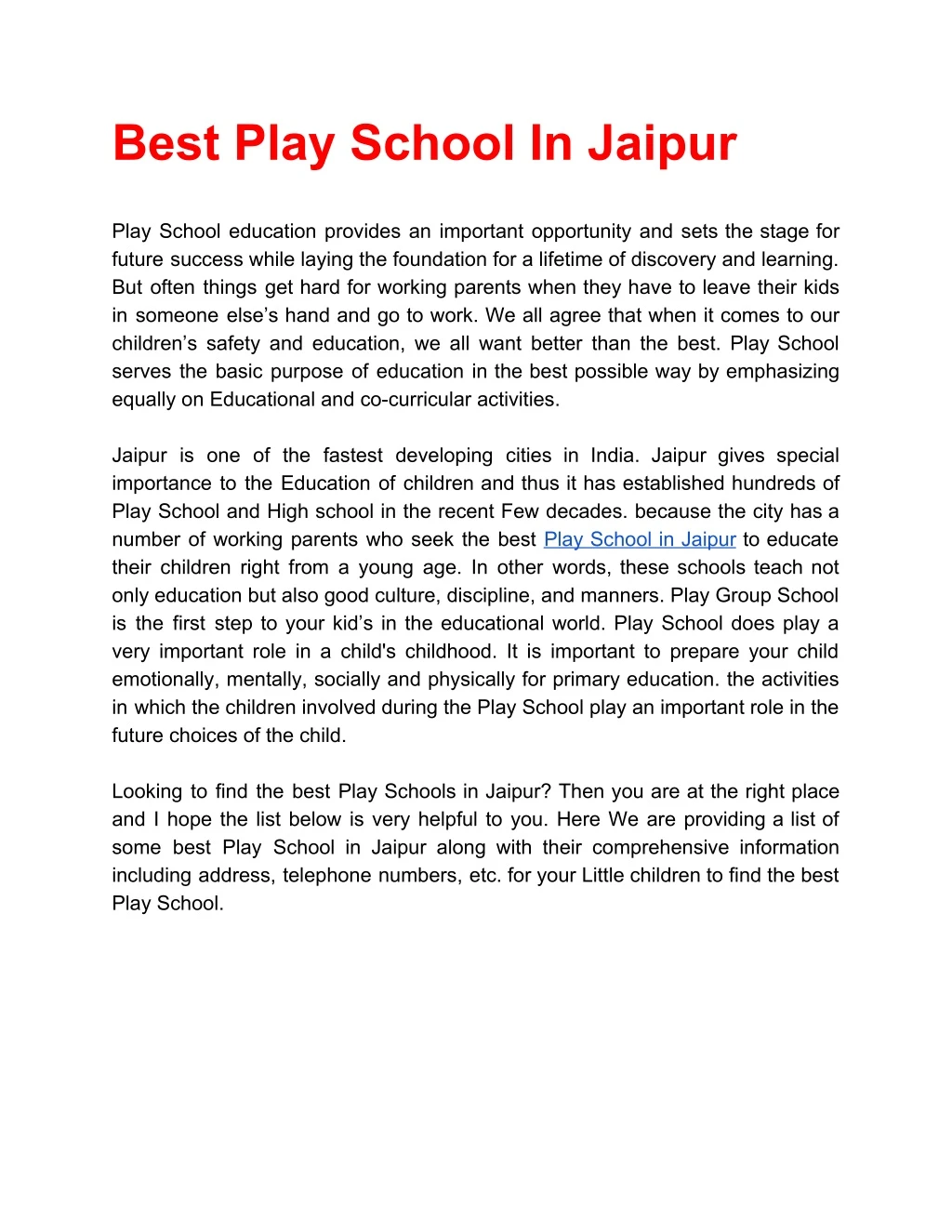 best play school in jaipur