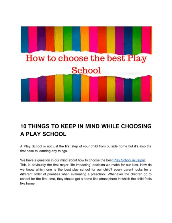 How to choose a play school in Jaipur