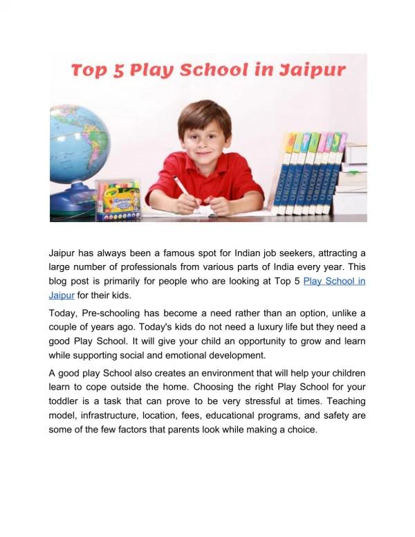 Top 5 play school in Jaipur