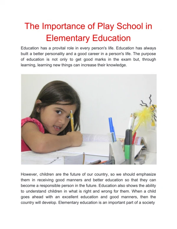 The importance of Play school in Elementary Education