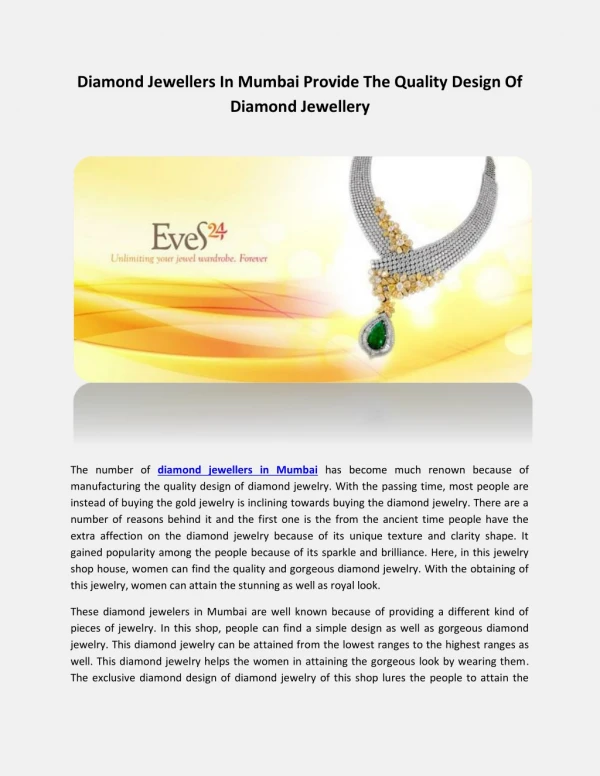 Diamond Jewellers In Mumbai Provide The Quality Design Of Diamond Jewellery