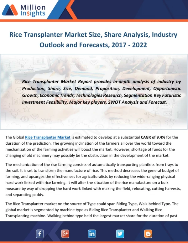 Rice Transplanter Market Size, Share Analysis, Industry Outlook and Forecasts, 2017 - 2022