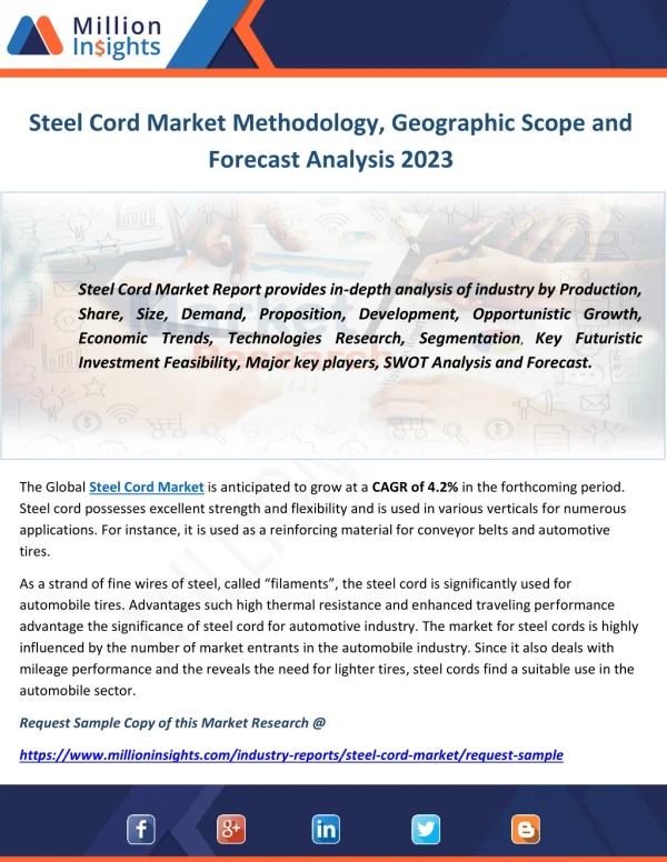 Steel Cord Market Methodology, Geographic Scope and Forecast Analysis 2023