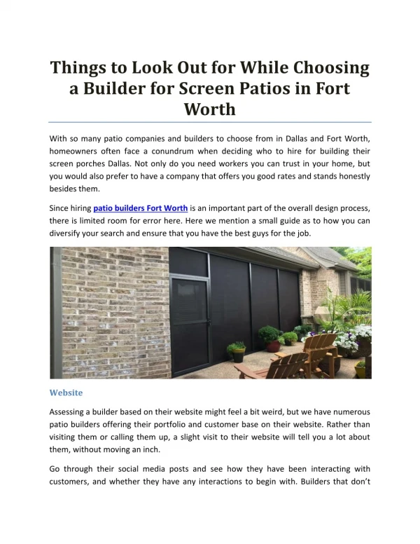 Things to look out for while choosing a builder for screen patios in fort worth