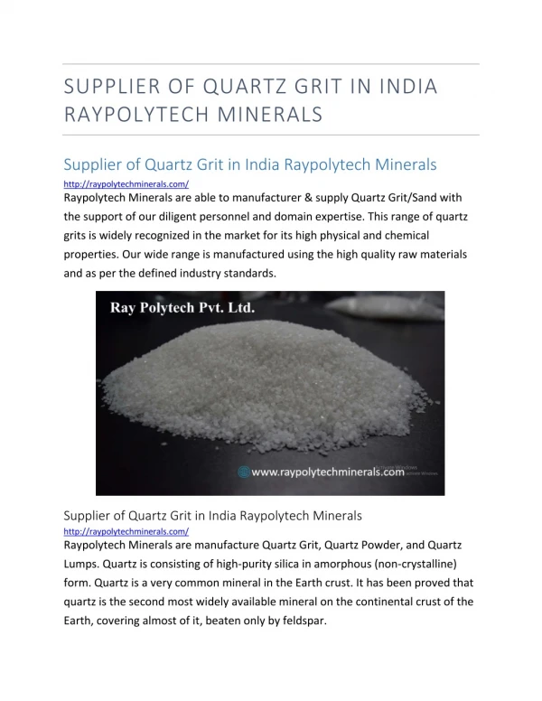 Supplier of Quartz Grit in India Raypolytech Minerals