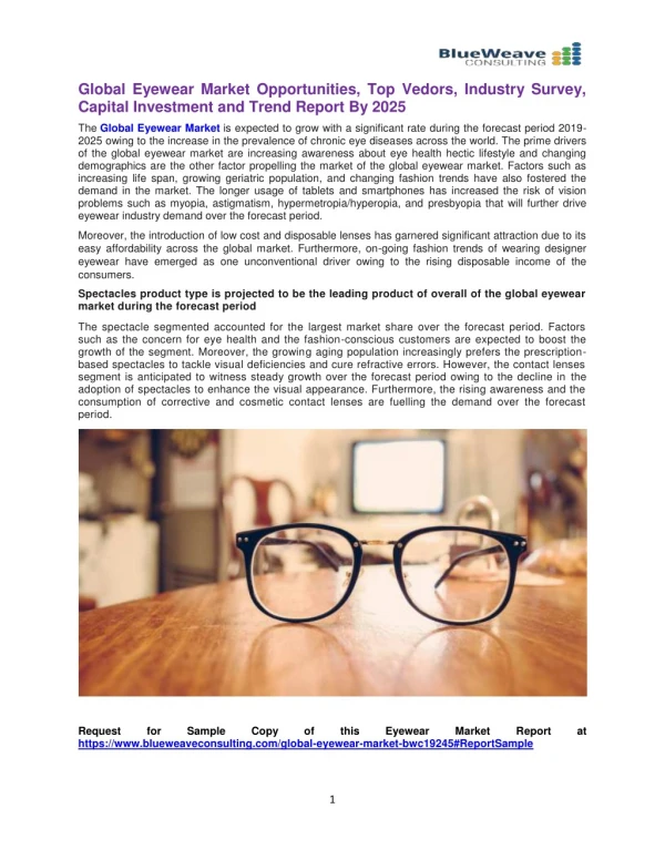 Global Eyewear Market Opportunities, Top Vedors, Industry Survey, Capital Investment and Trend Report By 2025
