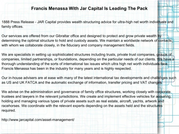 Francis Menassa With Jar Capital Is Leading The Pack