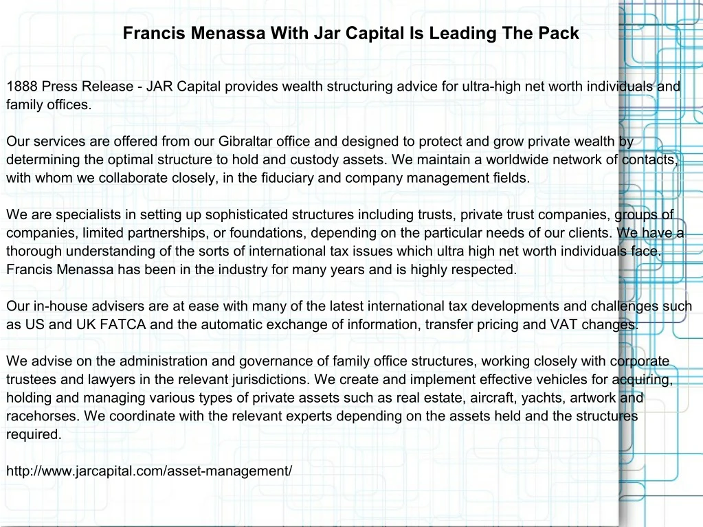 francis menassa with jar capital is leading