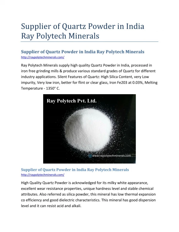 Supplier of Quartz Powder in India Ray Polytech Minerals