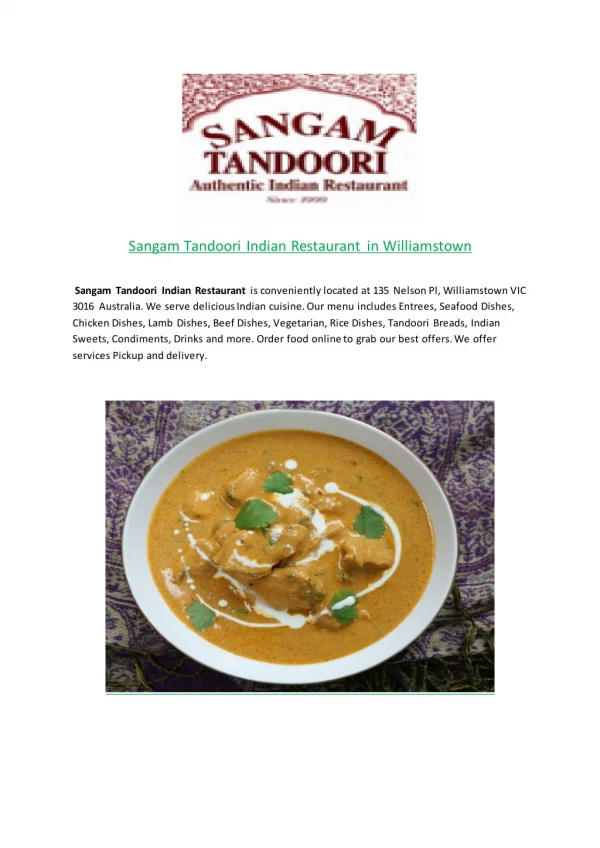 Sangam Tandoori Indian Restaurant-Williamstown - Order Food Online