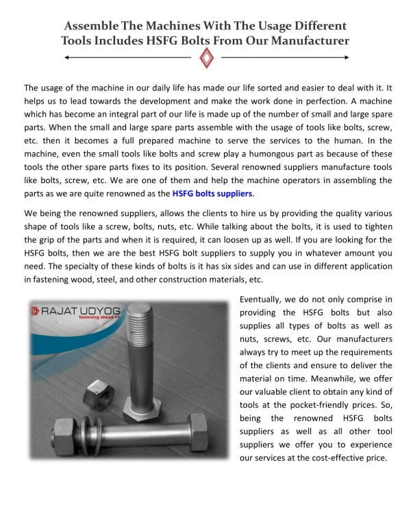 HSFG Bolts Suppliers - Rajat Udyog