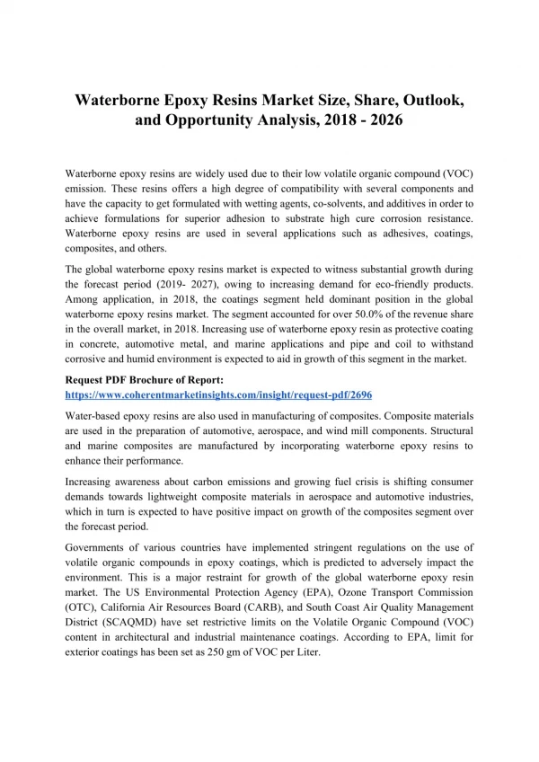 Waterborne Epoxy Resins Market Size, Share, Outlook, and Opportunity Analysis, 2018 - 2026