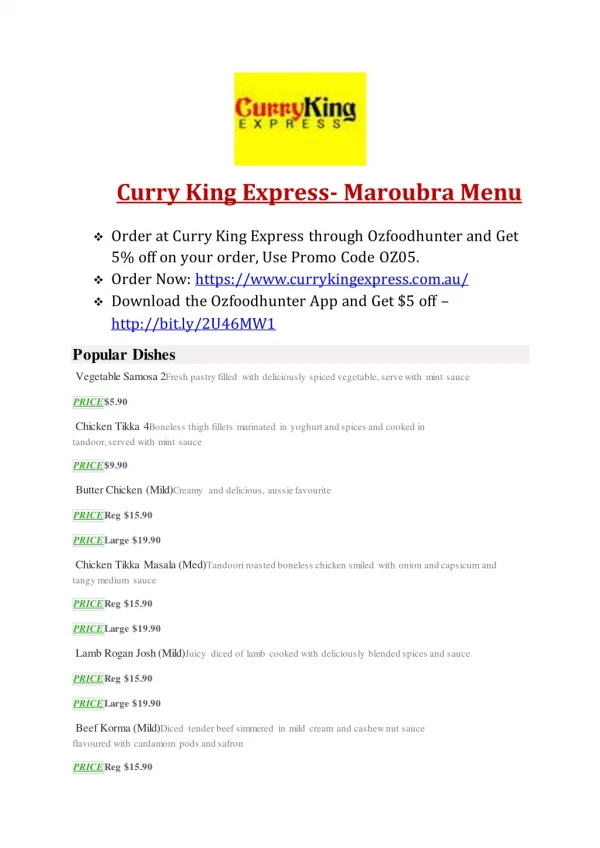 Curry King Express Menu| Indian restaurant Maroubra, NSW