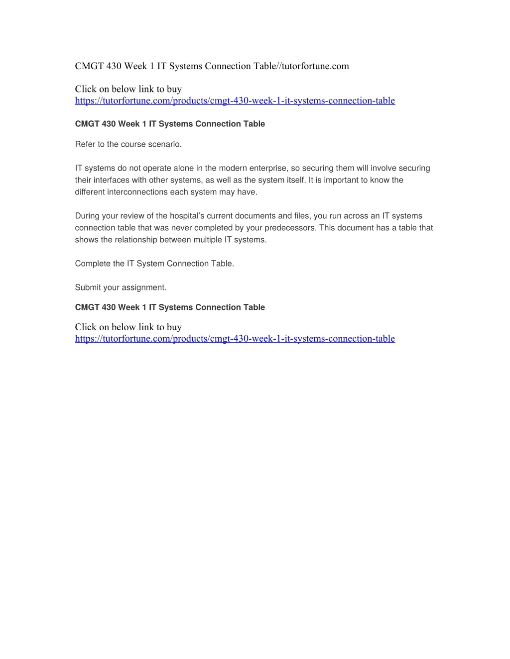 cmgt 430 week 1 it systems connection table