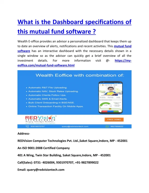 What is the Dashboard specifications of this mutual fund software ?