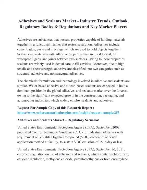 Adhesives and Sealants Market - Industry Trends, Outlook, Regulatory Bodies & Regulations and Key Market Players