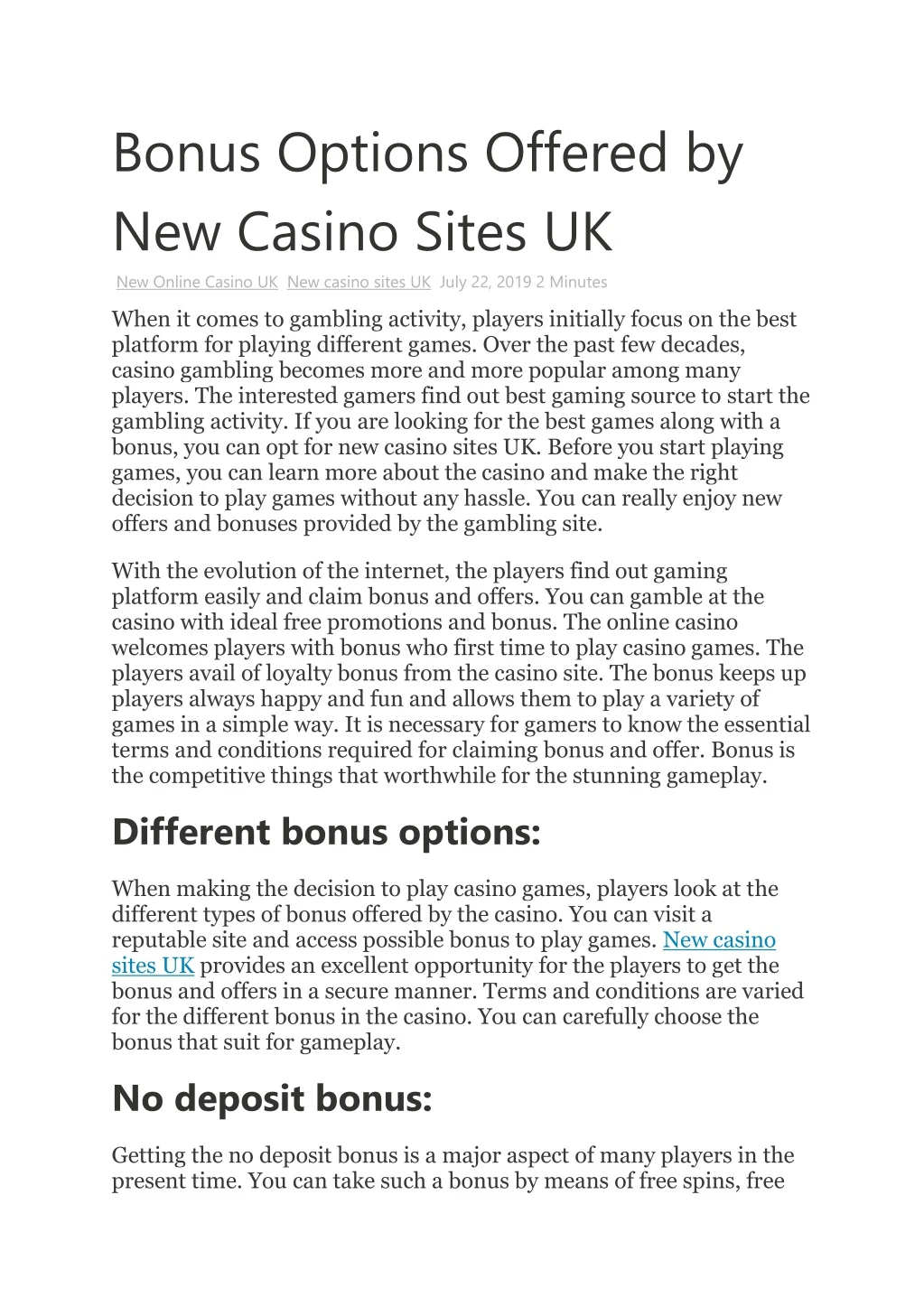 bonus options offered by new casino sites