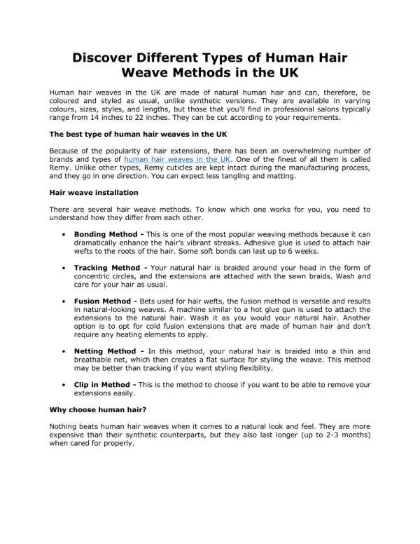 Discover Different Types of Human Hair Weave Methods in the UK