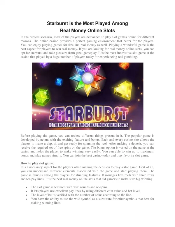 Starburst is the Most Played Among Real Money Online Slots