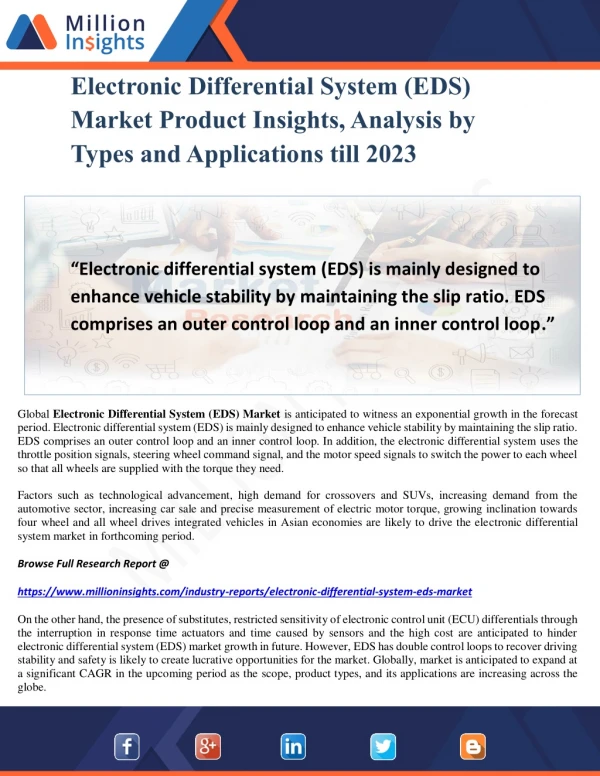 Electronic Differential System (EDS) Market Product Insights, Analysis by Types and Applications till 2023