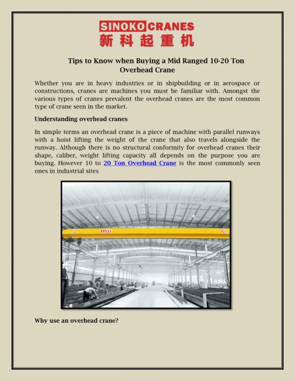 Tips to Know when Buying a Mid Ranged 10-20 Ton Overhead Crane