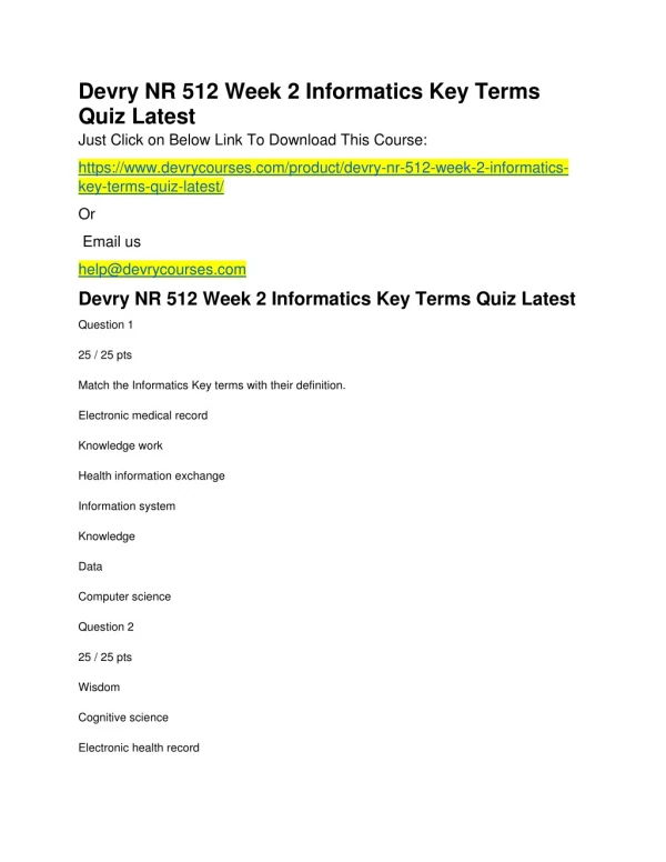 Devry NR 512 Week 2 Informatics Key Terms Quiz Latest