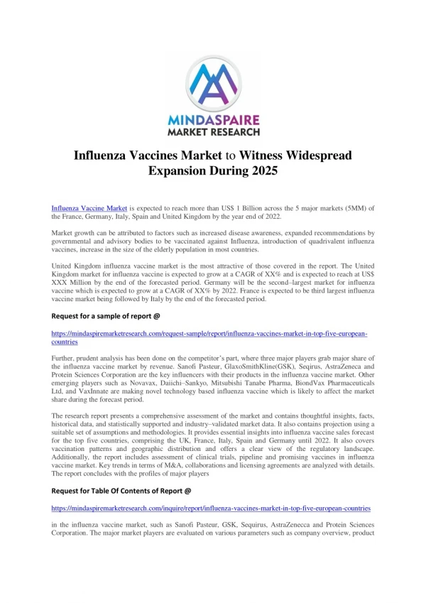 Influenza Vaccines Market to Witness Widespread Expansion During 2025