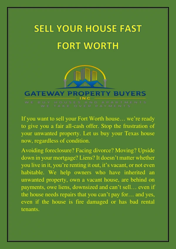 Sell Your House Fast Fort Worth