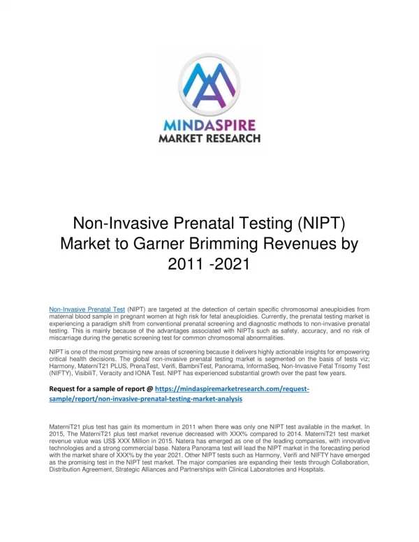 Non-Invasive Prenatal Testing (NIPT) Market to Garner Brimming Revenues by 2011 -2021