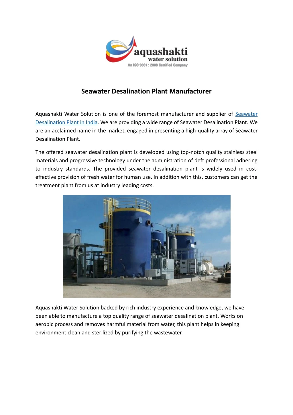 seawater desalination plant manufacturer