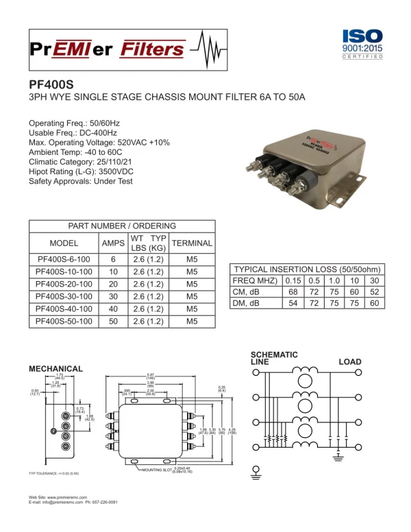 3PH WYE SINGLE STAGE CHASSIS MOUNT FILTER 6A TO 50A