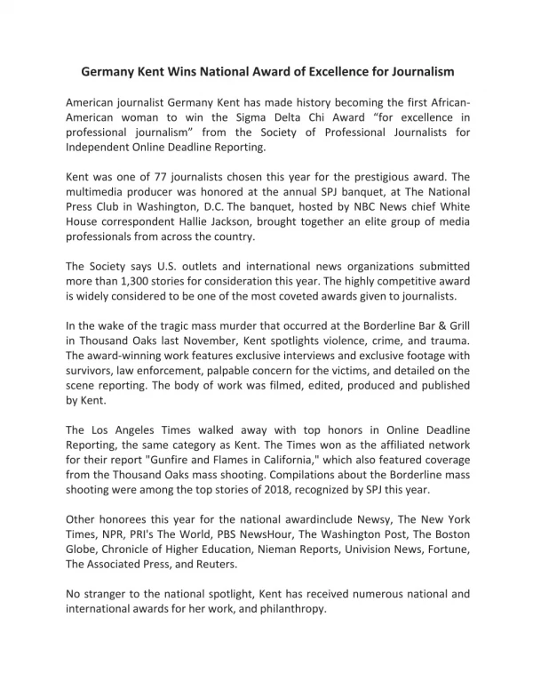 Germany Kent Wins National Award of Excellence for Journalism