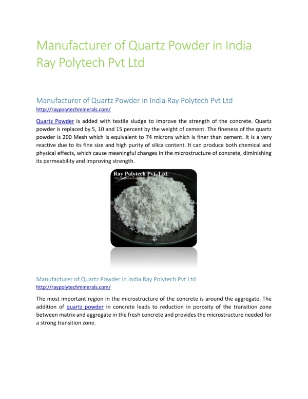 Manufacturer of Quartz Powder in India Ray Polytech Pvt Ltd